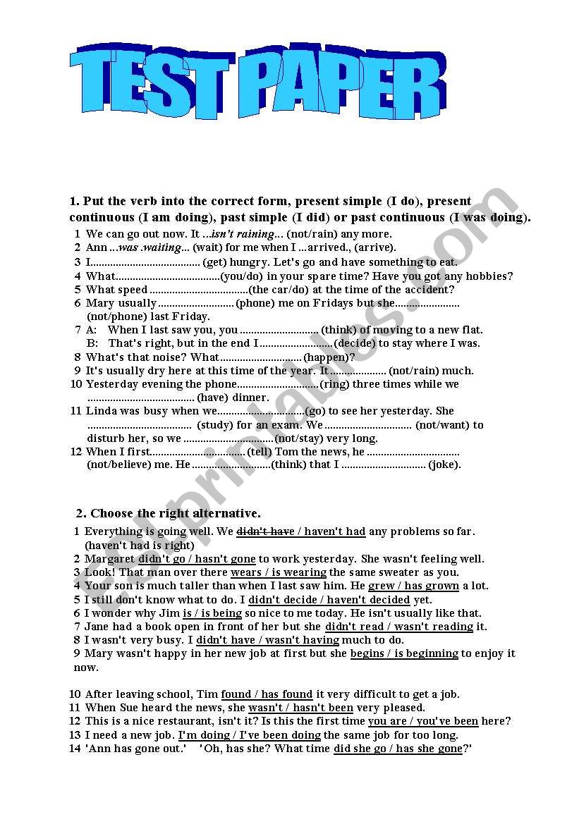 test paper worksheet