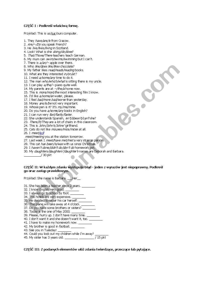 Placement test worksheet