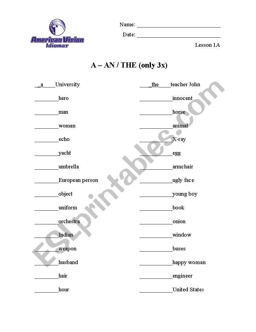 Articles worksheet