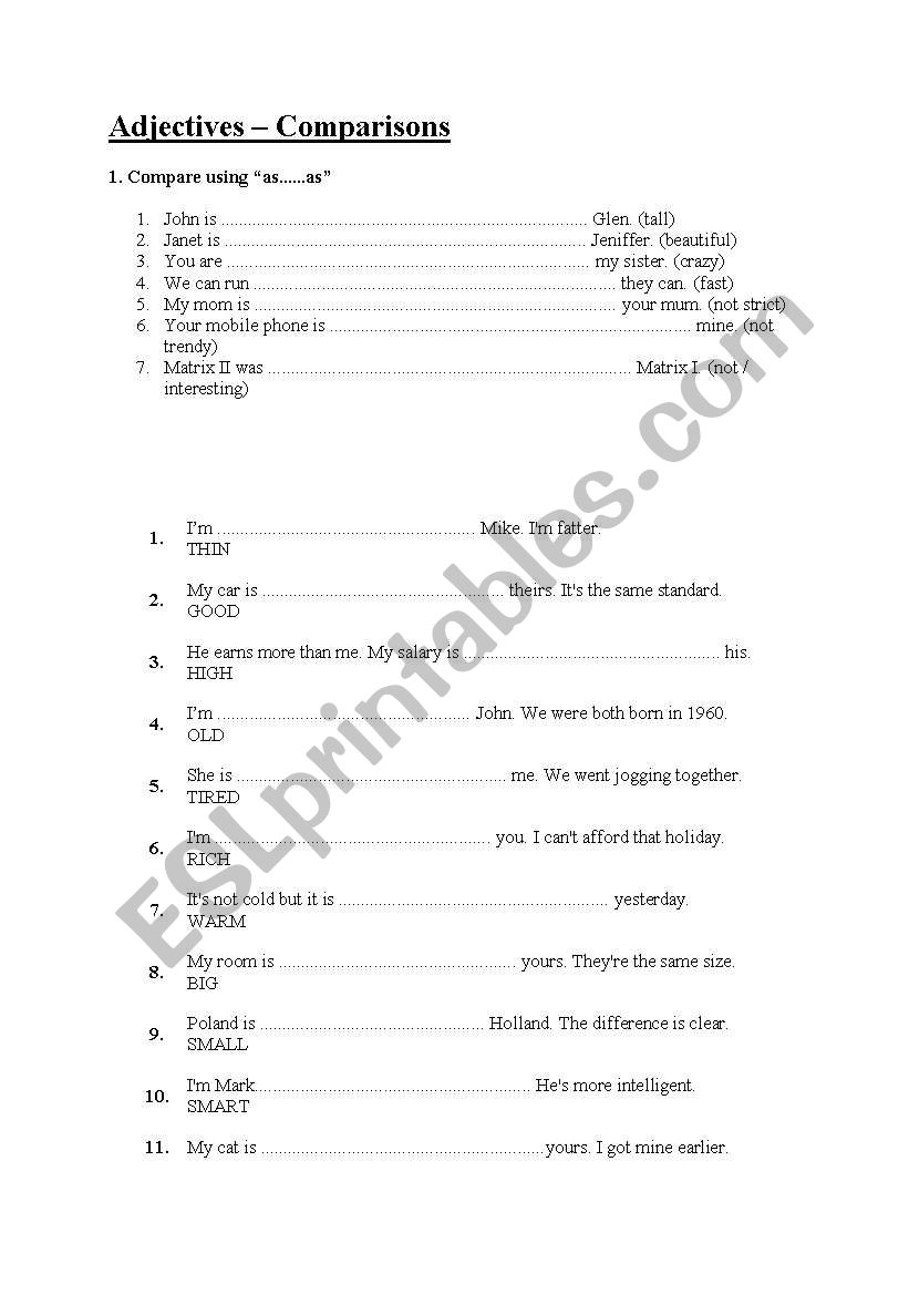 Adjectives comparison worksheet