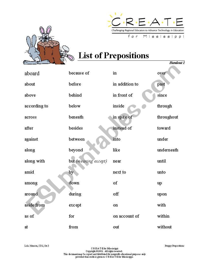 List of prepositions worksheet