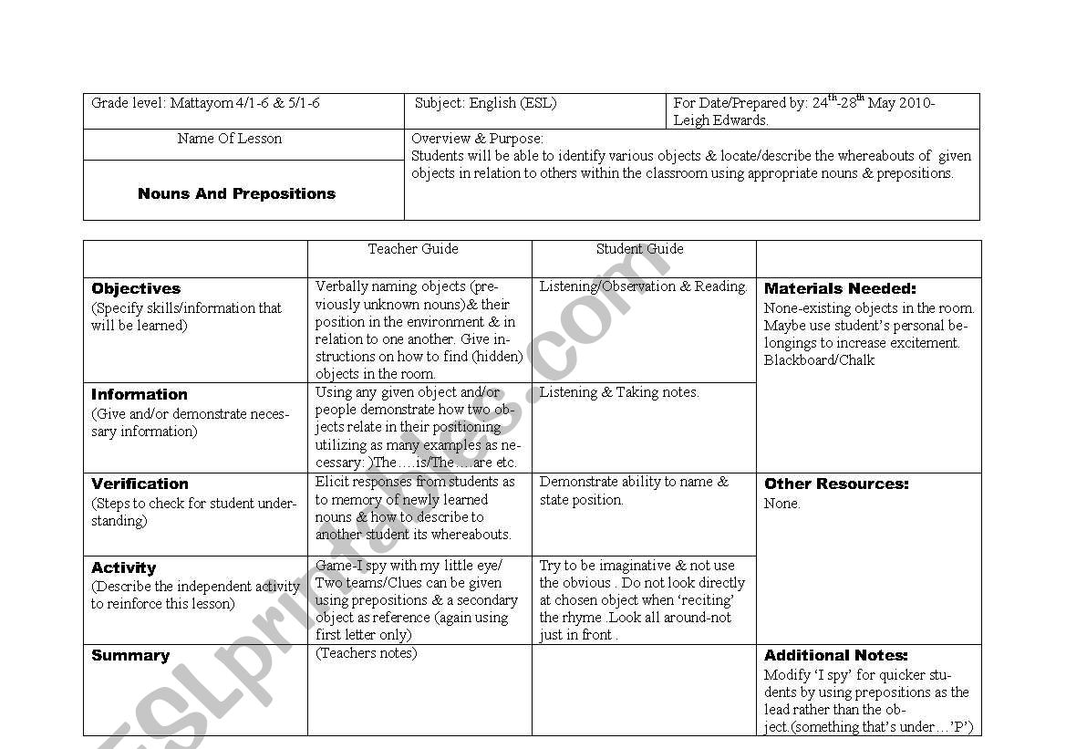 nouns & prepostions  worksheet