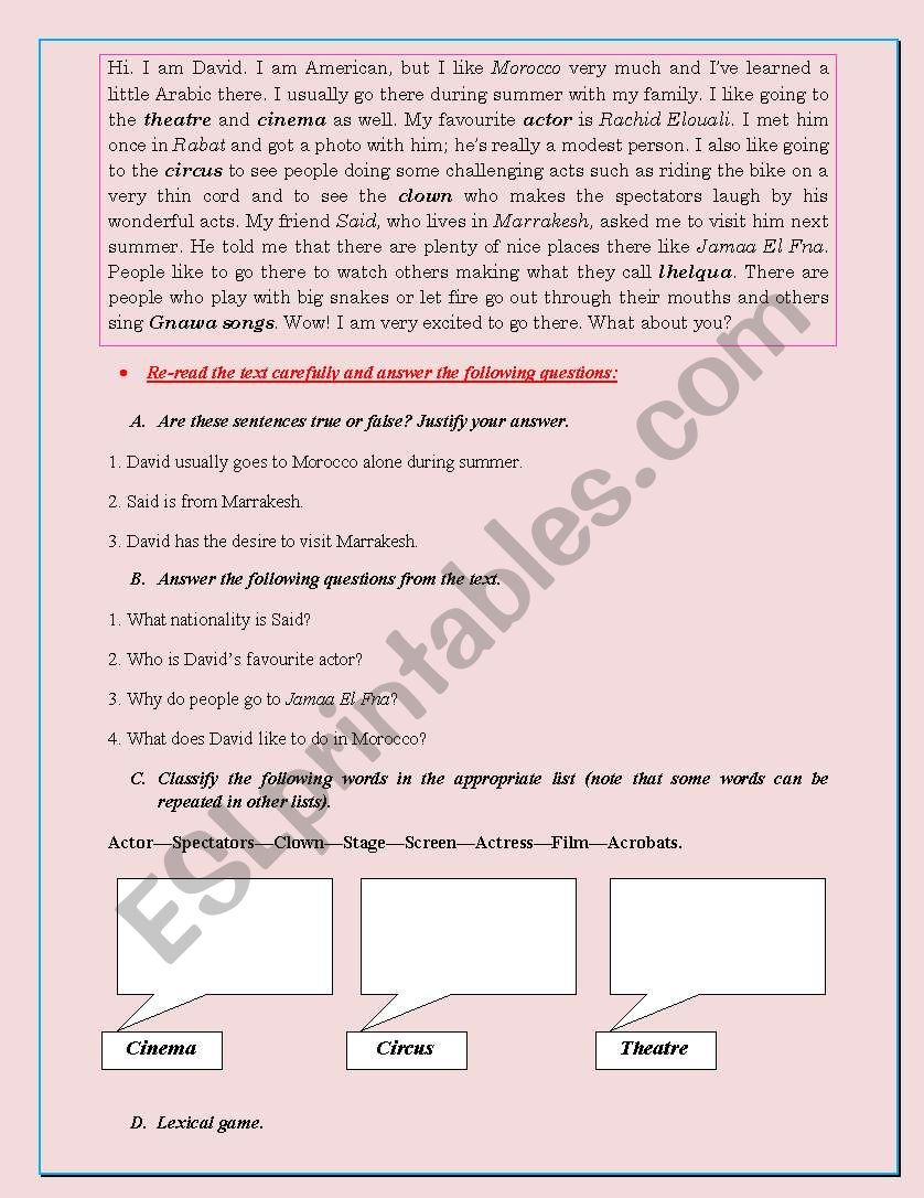 hobbies worksheet