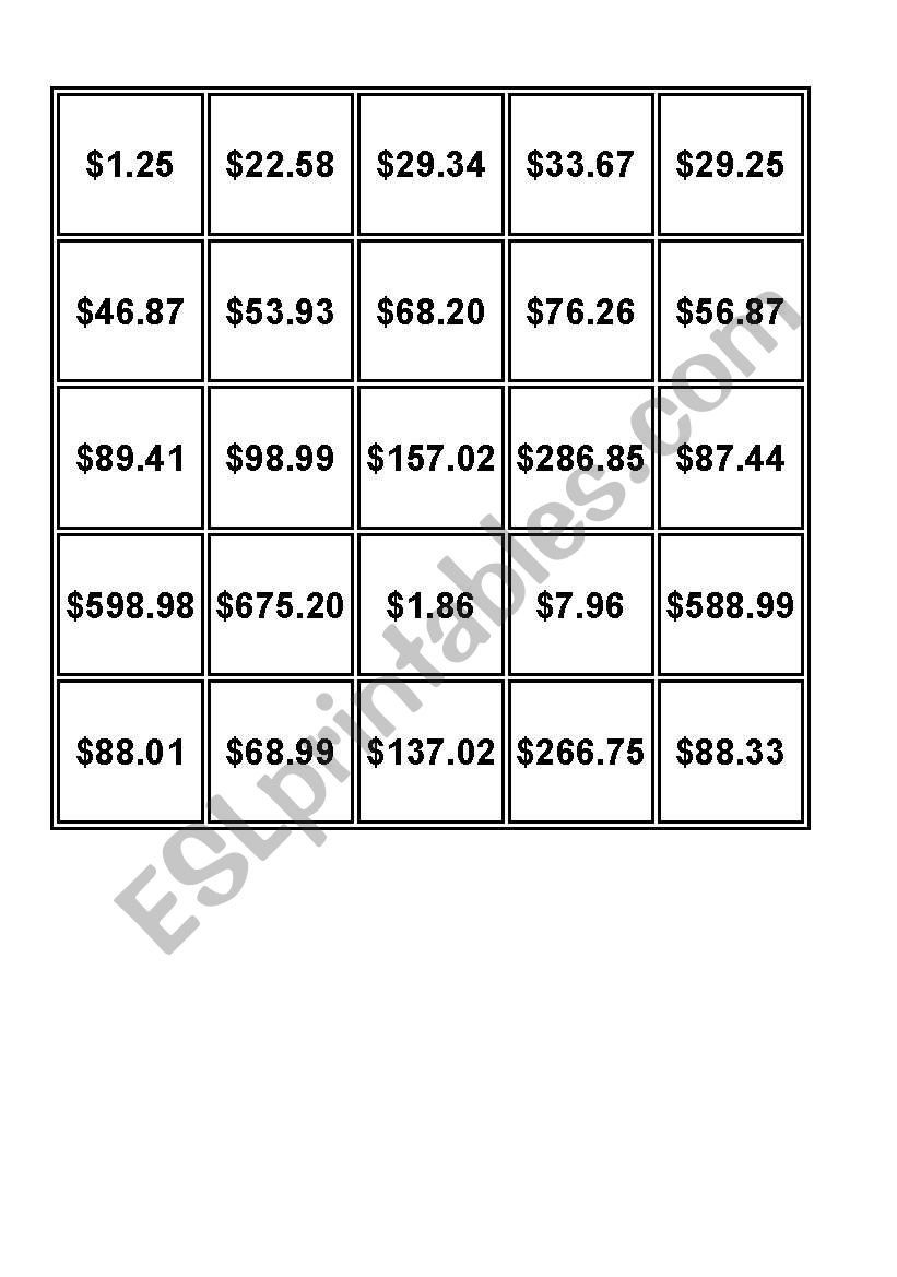 Money Bingo worksheet