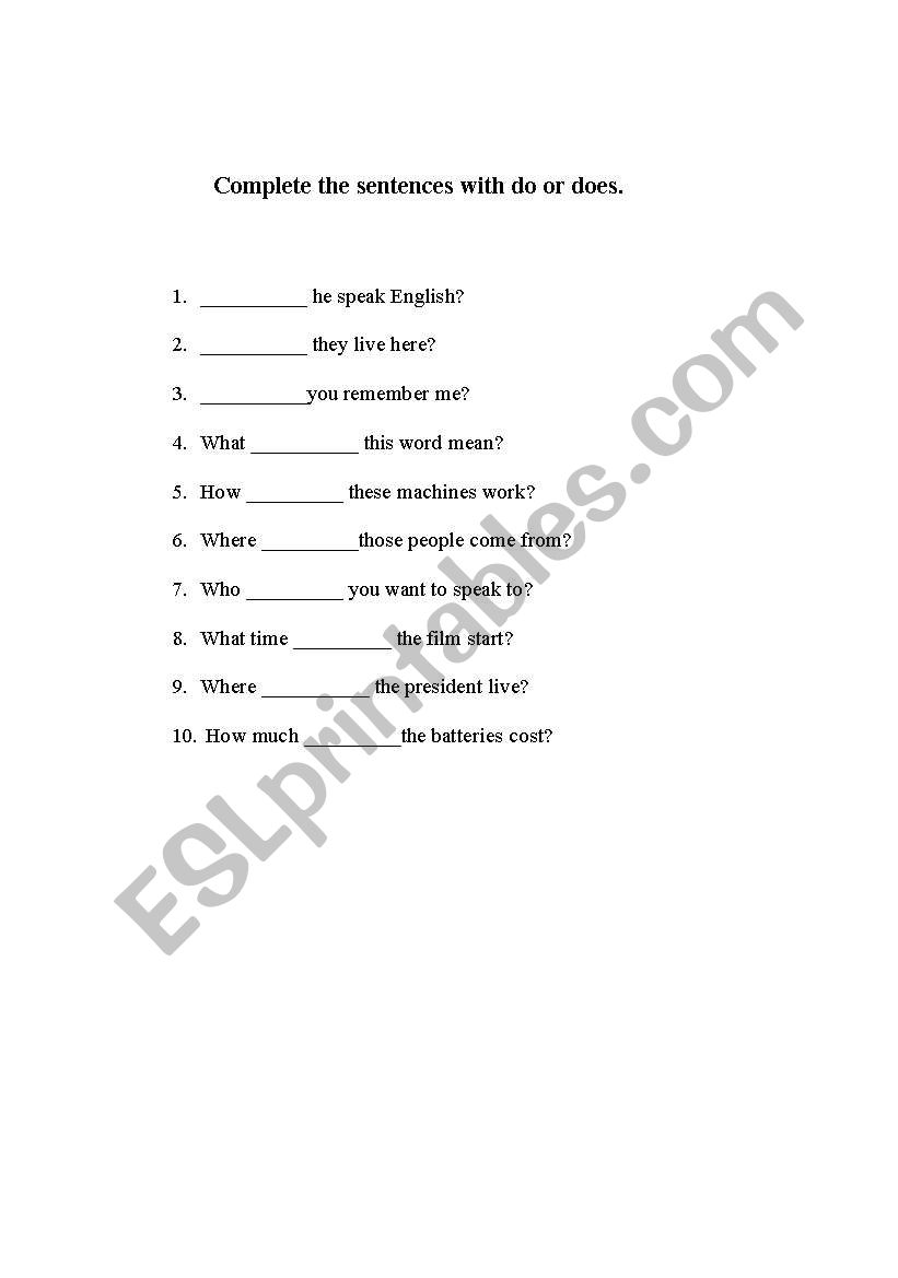 Do or does worksheet