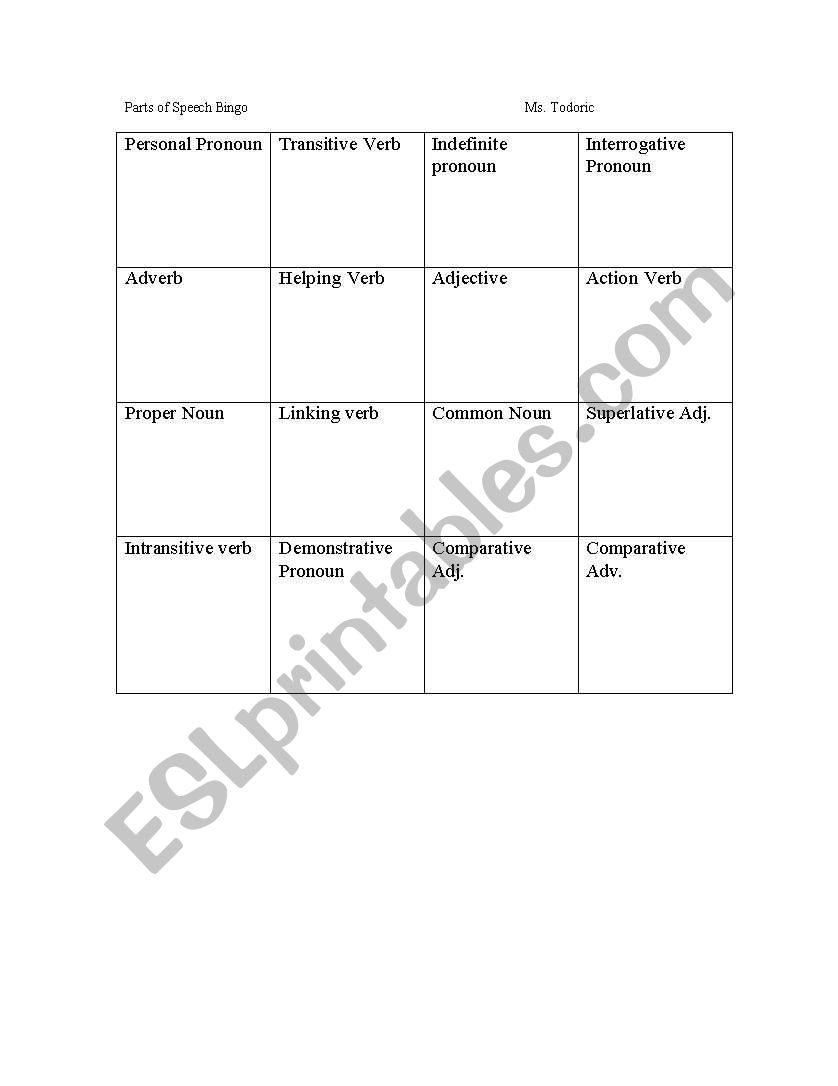 Parts of Speech Bingo worksheet