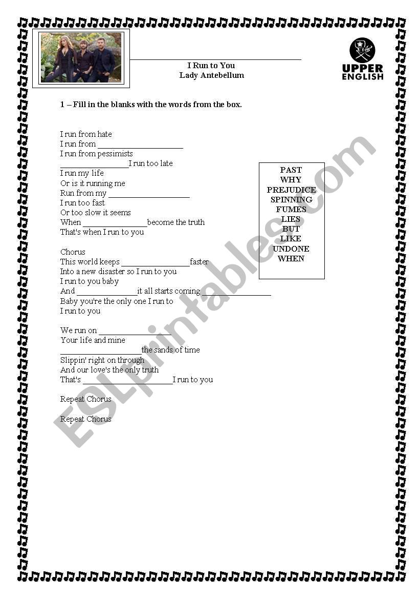 I run to you Lady Antebellum worksheet