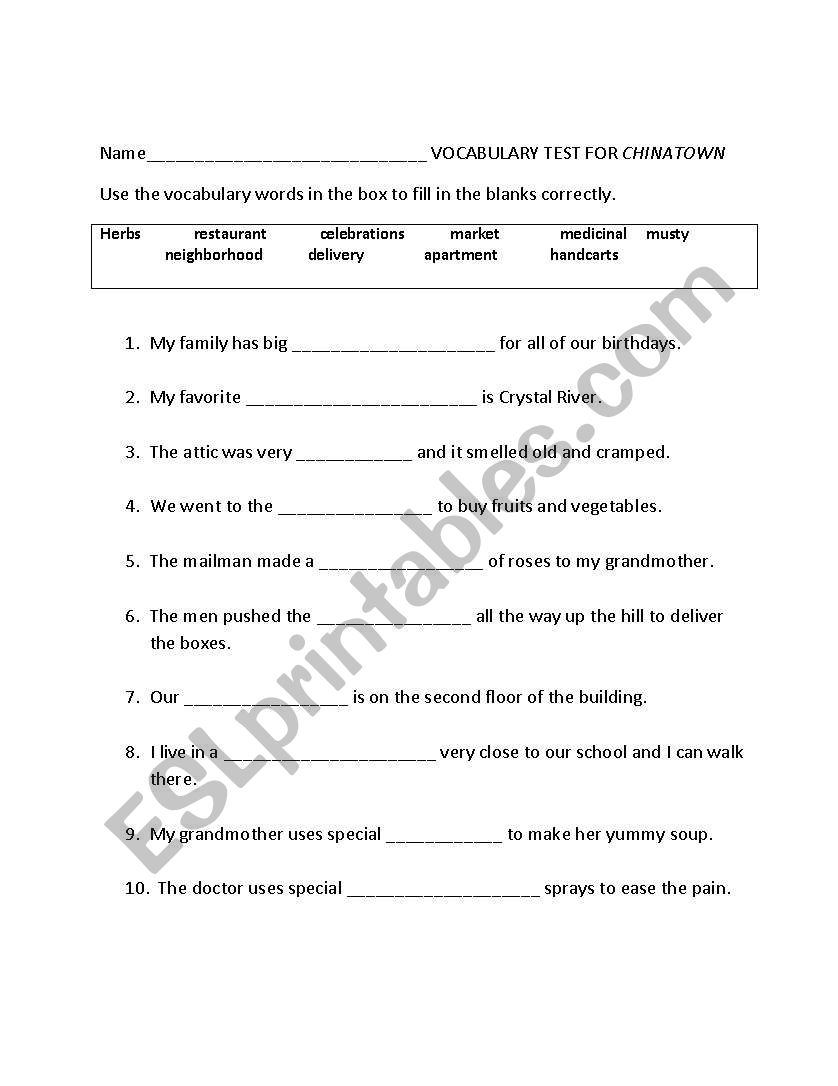 Vocabulary test for Chinatorwn