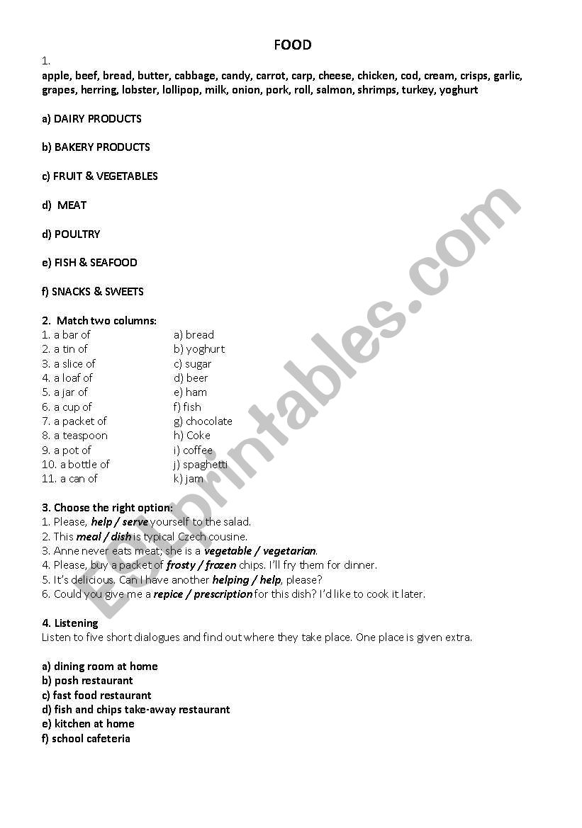 FOOD worksheet