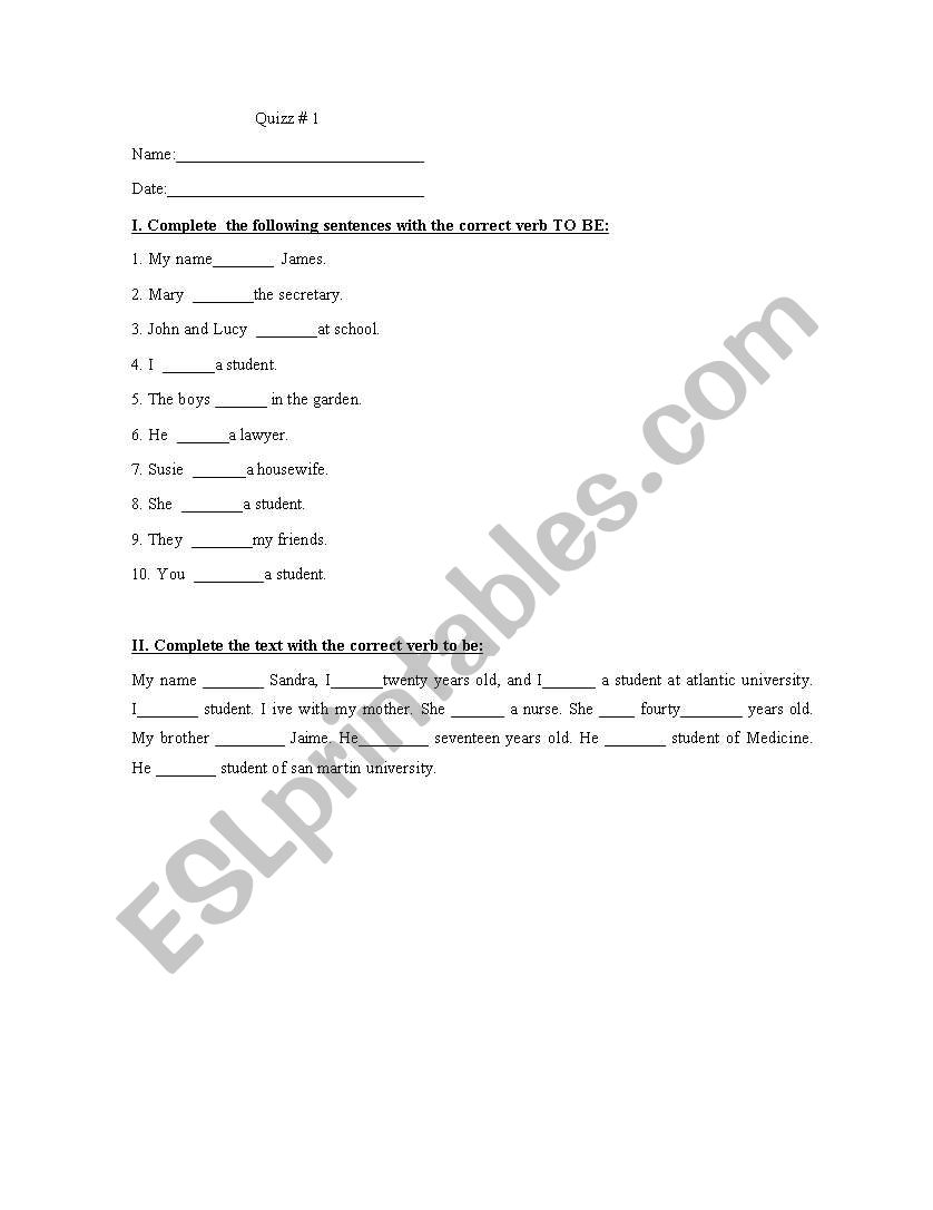 activity verb to be worksheet