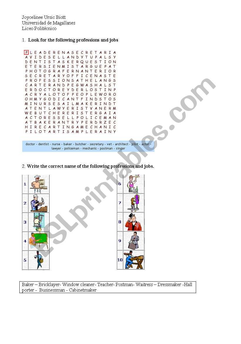 Profession and trades worksheet