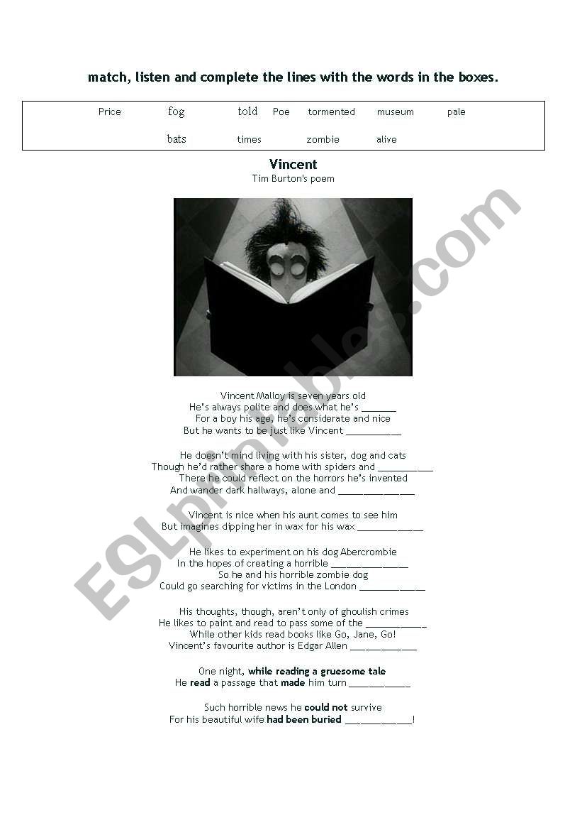 Vincent Tim Burton s Poem ESL worksheet by niin