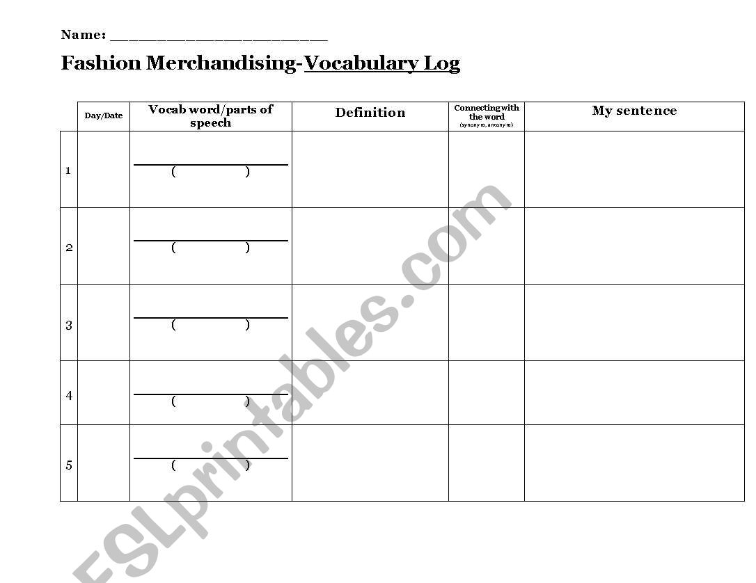 Vocabulary chart worksheet