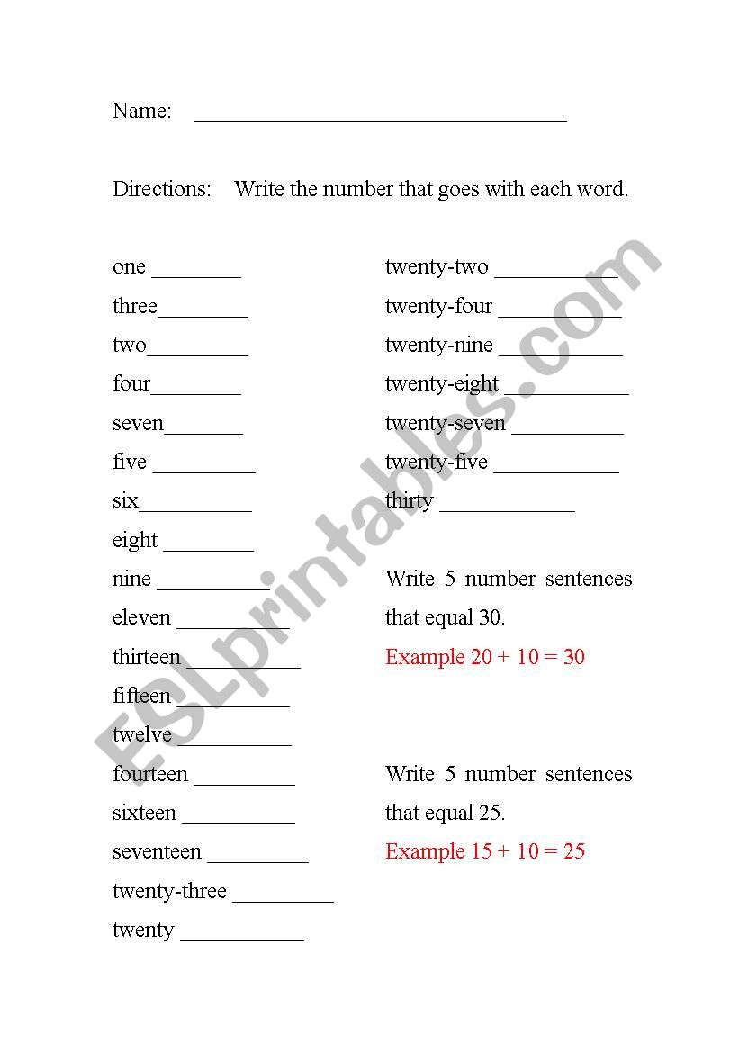 Maths words number sheet worksheet