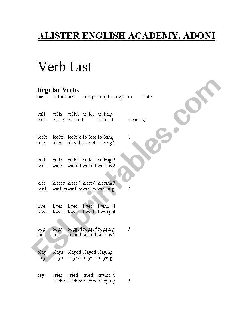 verbs list worksheet