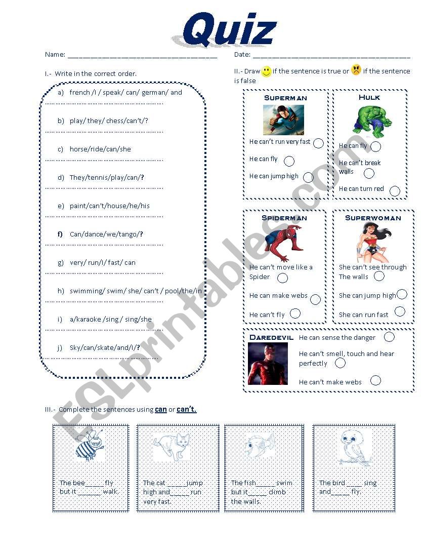 quiz can - cant worksheet