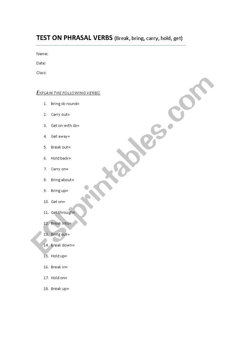 test on phrasal verbs worksheet