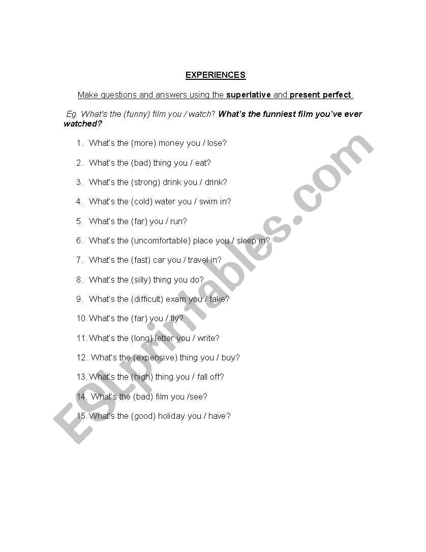 Experiences worksheet