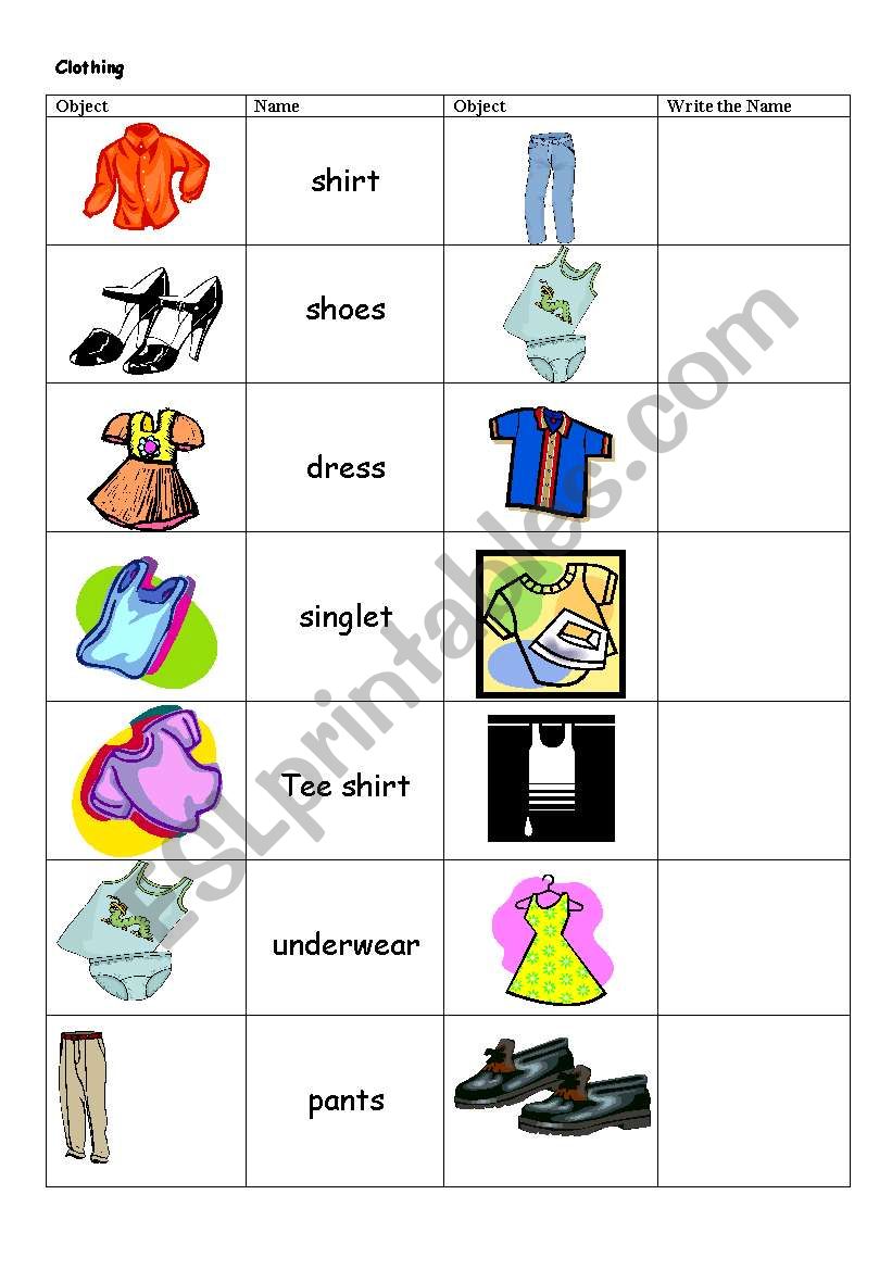 Clothing to label and write worksheet