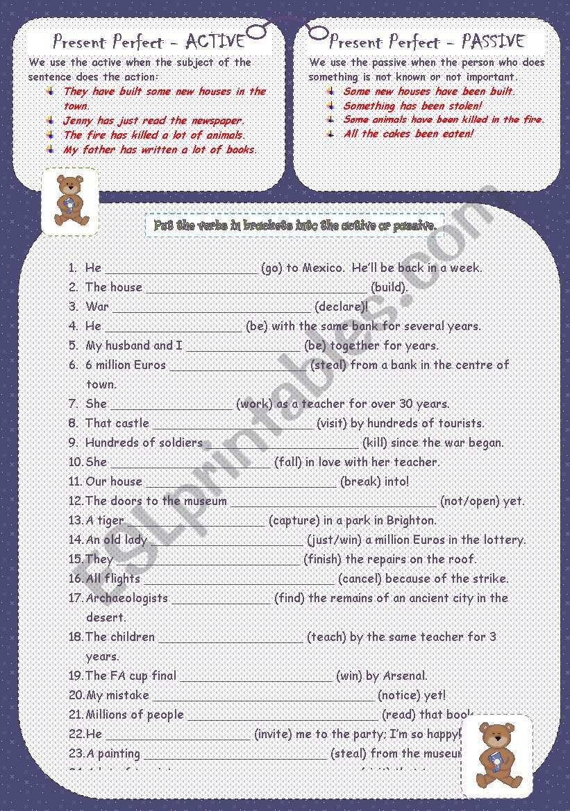 ACTIVE OR PASSIVE Present Perfect ESL Worksheet By Jannabanna