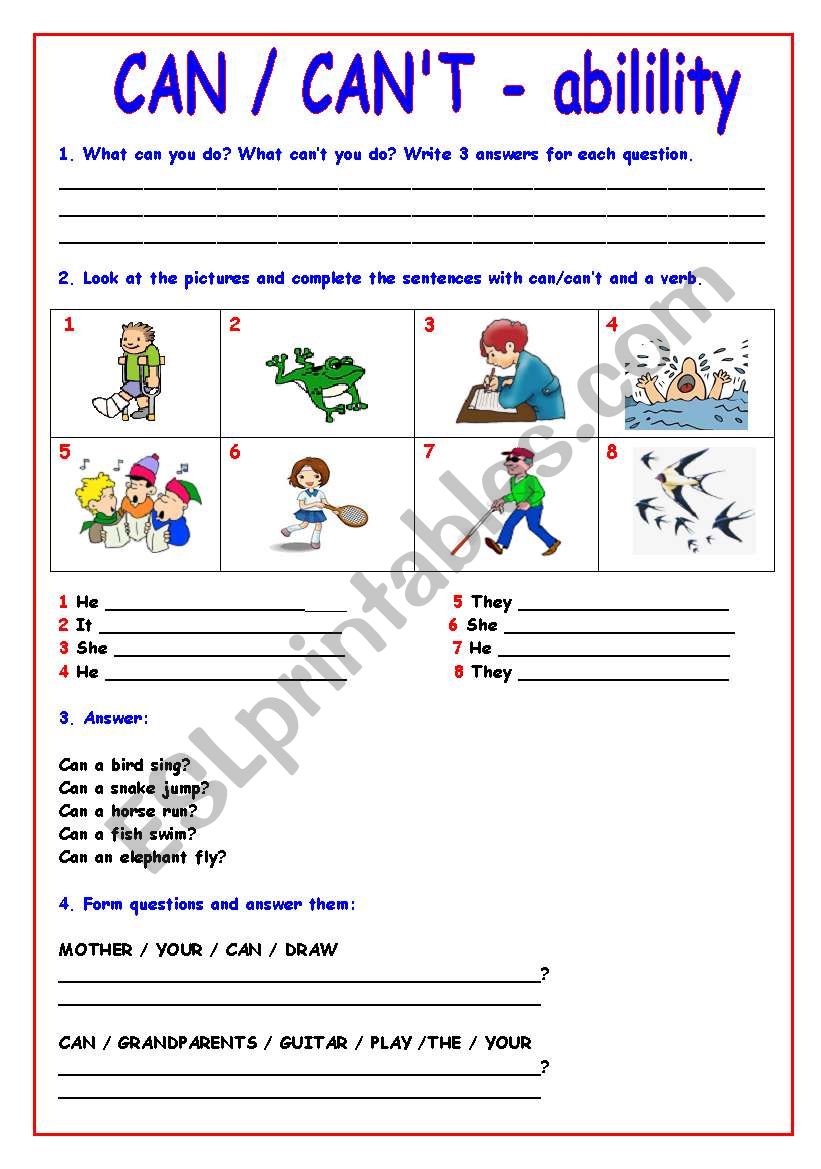 CAN CAN T ability Exercises ESL Worksheet By Crisprata