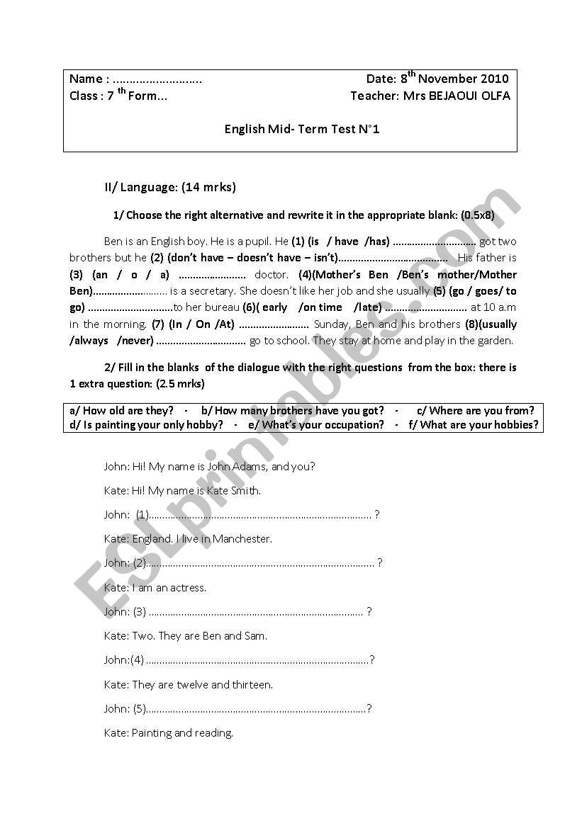 Mid-term test n2 worksheet