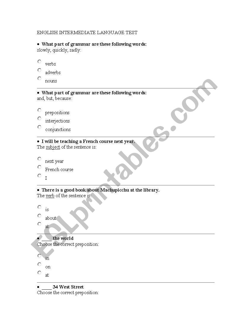 ENGLISH LANGUAGE INTERMEDIATE TEST