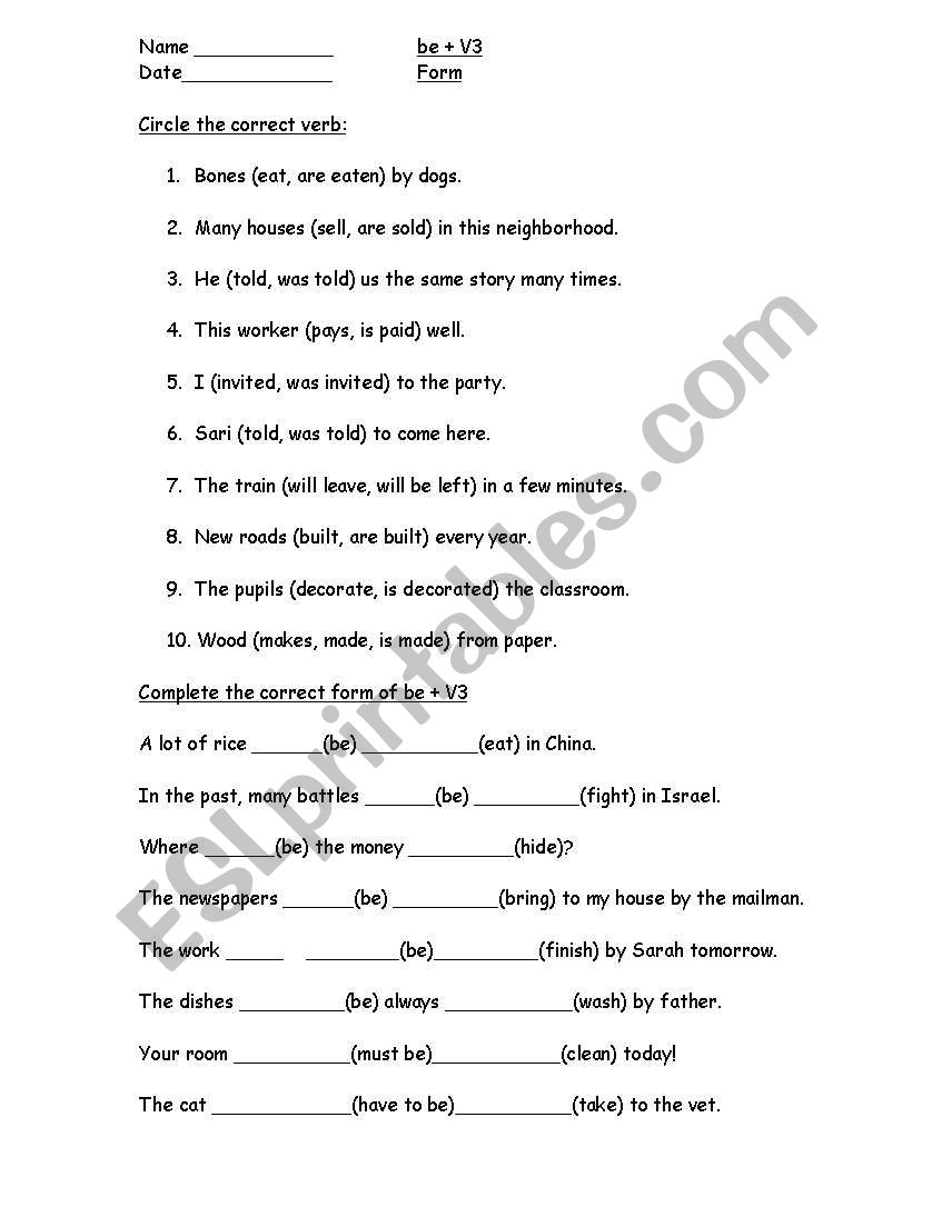 Be + V3 worksheet