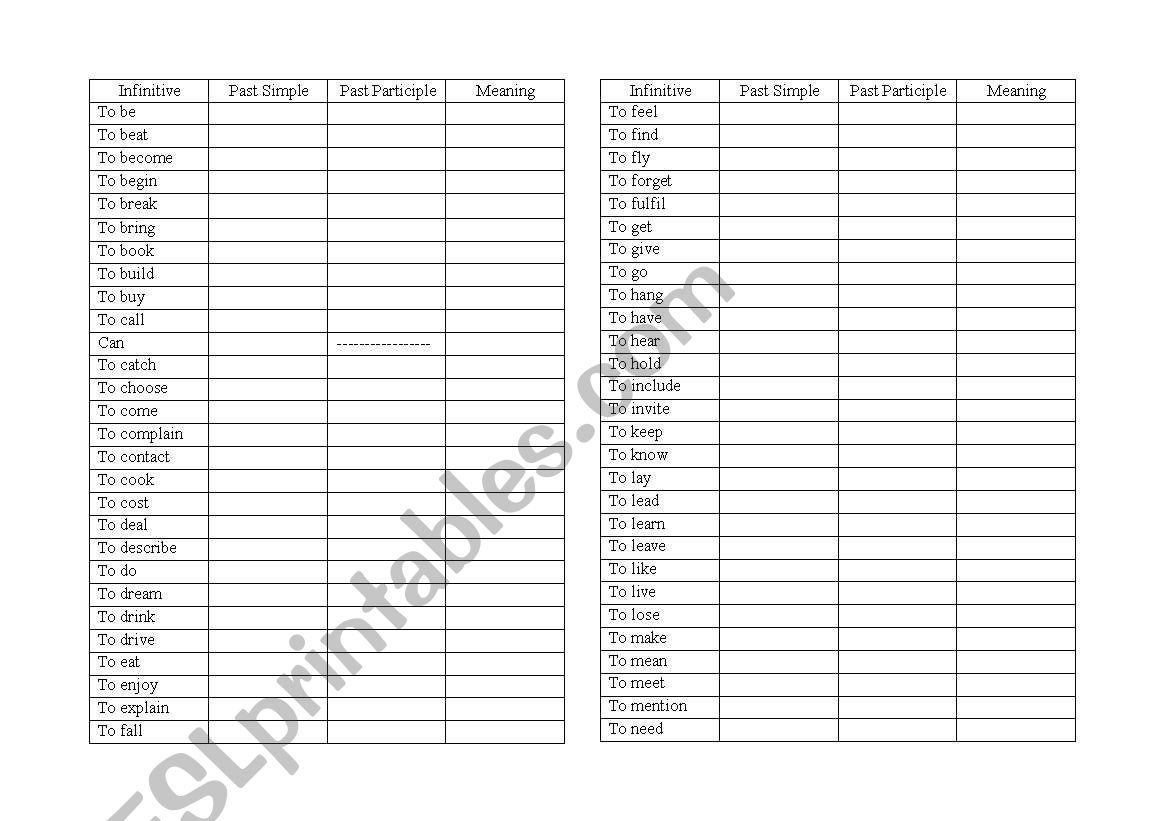 List of verbs worksheet