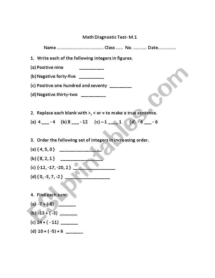 Diagnostic test worksheet
