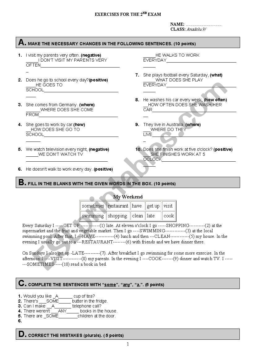 exam worksheet