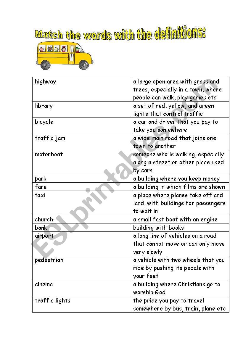 Town and Transport Matching worksheet