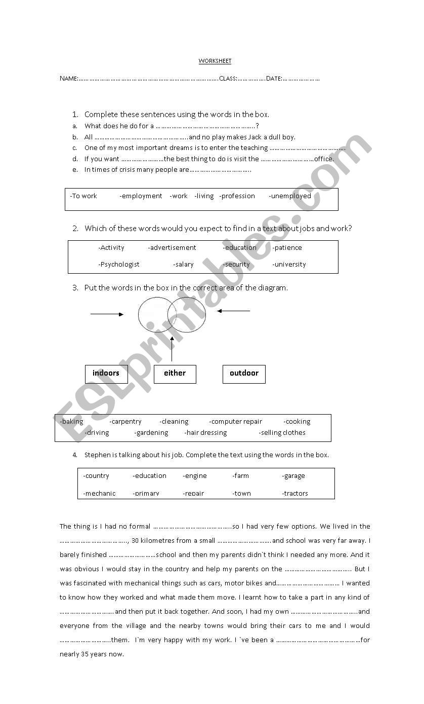 jobs/professions worksheet