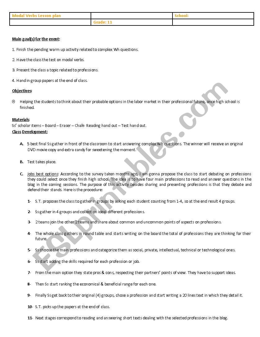 MODALS LESSON PLAN worksheet