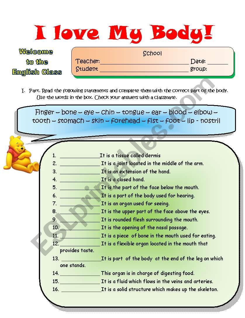 I love my body ( B&W and answer key included) - ESL worksheet by