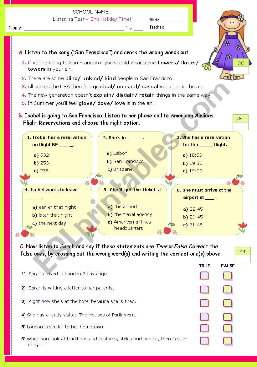 It´s Holiday Time! - Listening Comprehension - ESL Worksheet By Mena22