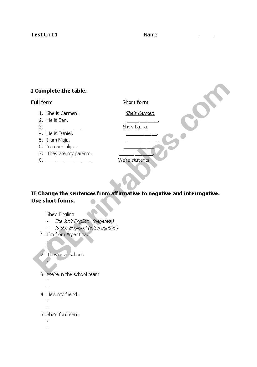 test worksheet