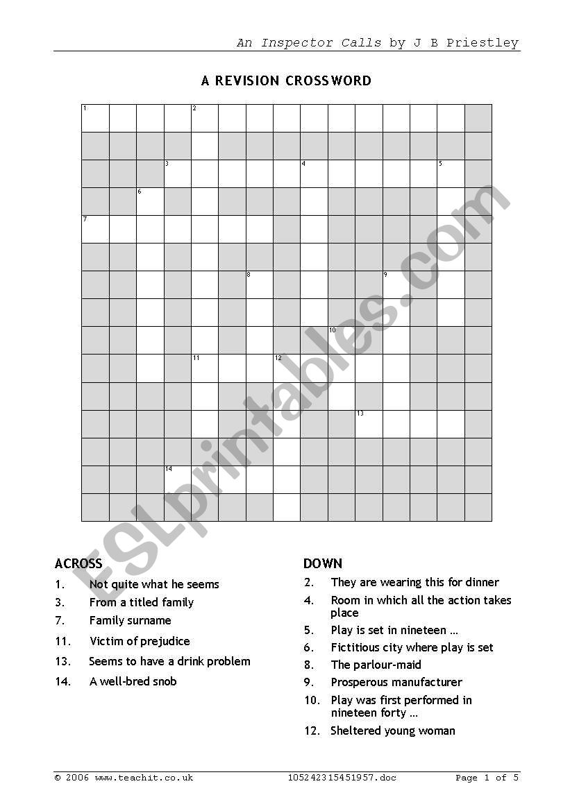 An Inspector Calls Crossword and Wordsearch
