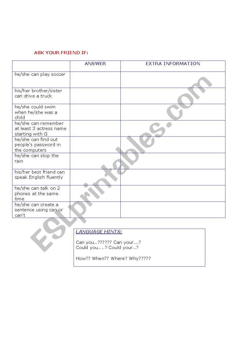 CAN - ability worksheet