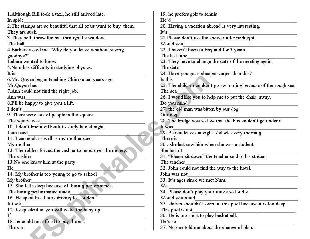 rewrite sentences - ESL worksheet by giangcoi