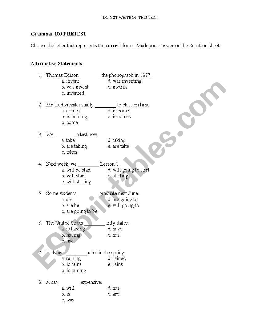 Grammar Pre-Test worksheet