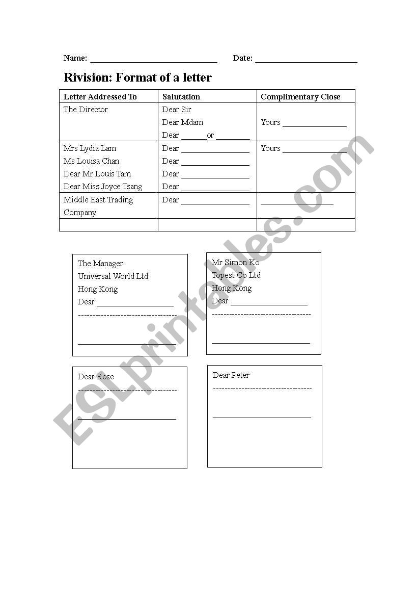 Revision Fomat of a letter worksheet