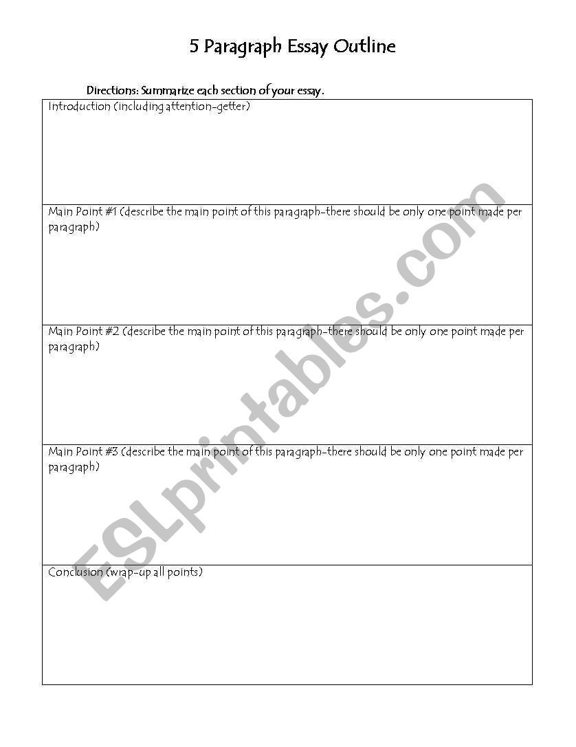 5 Paragraph Essay Outline worksheet