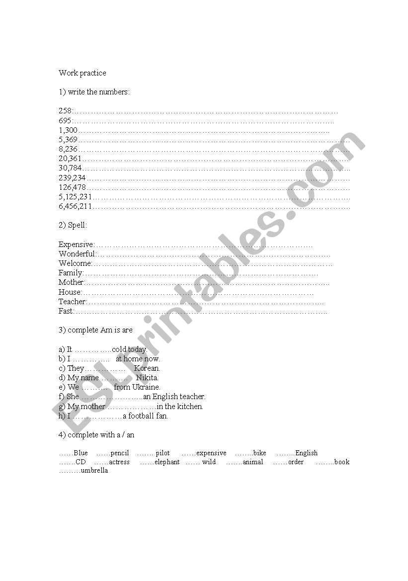 numbers worksheet