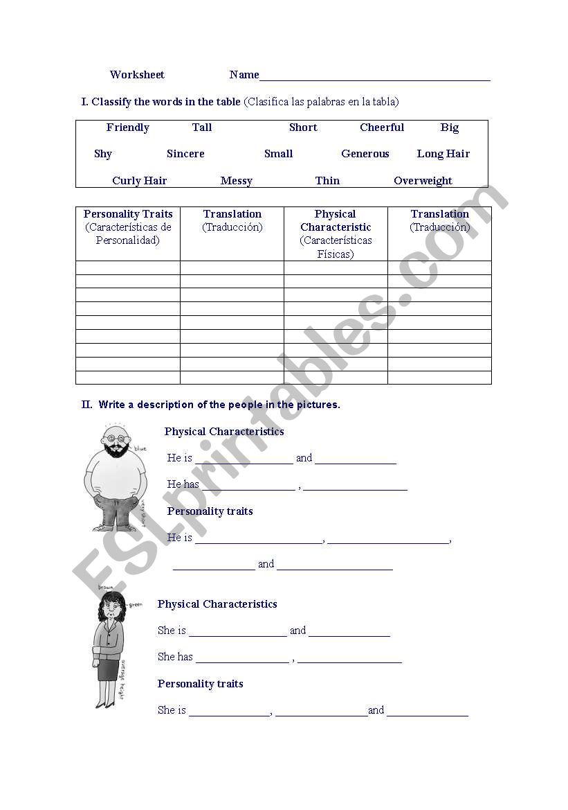 Personality Traits worksheet