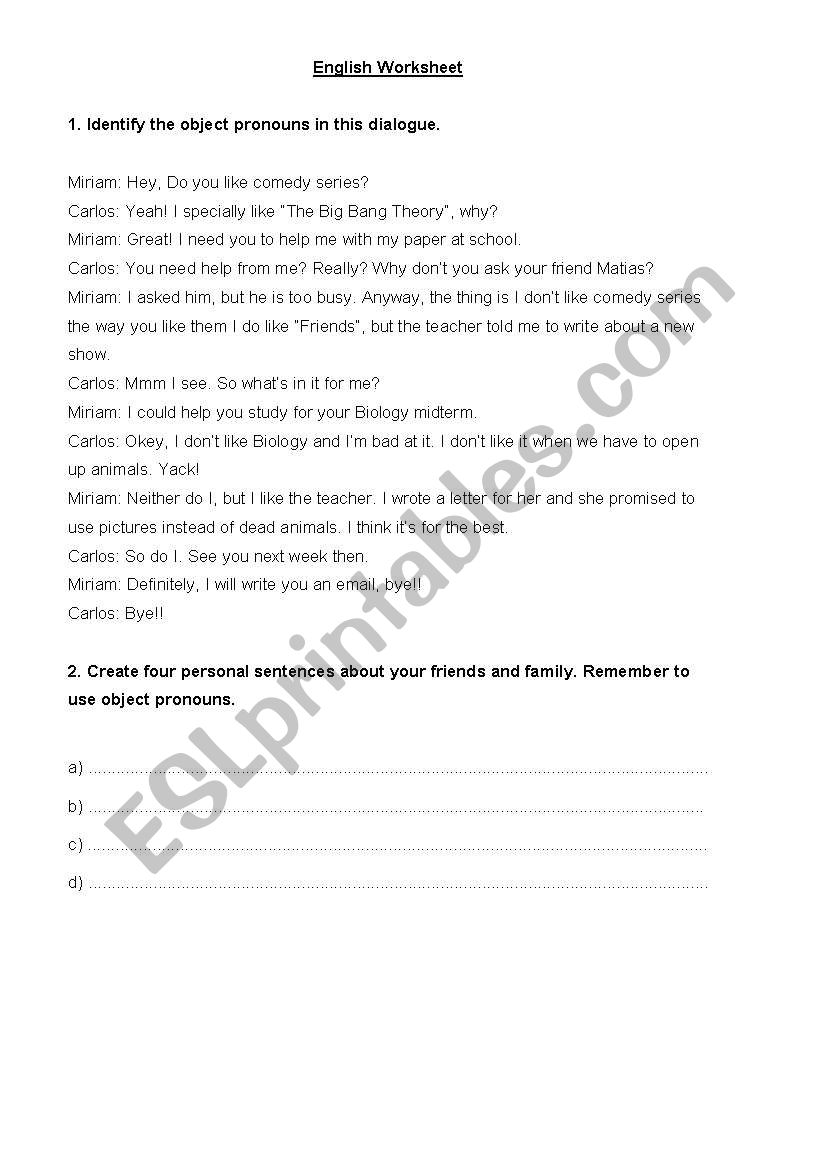 object pronouns dialogue worksheet