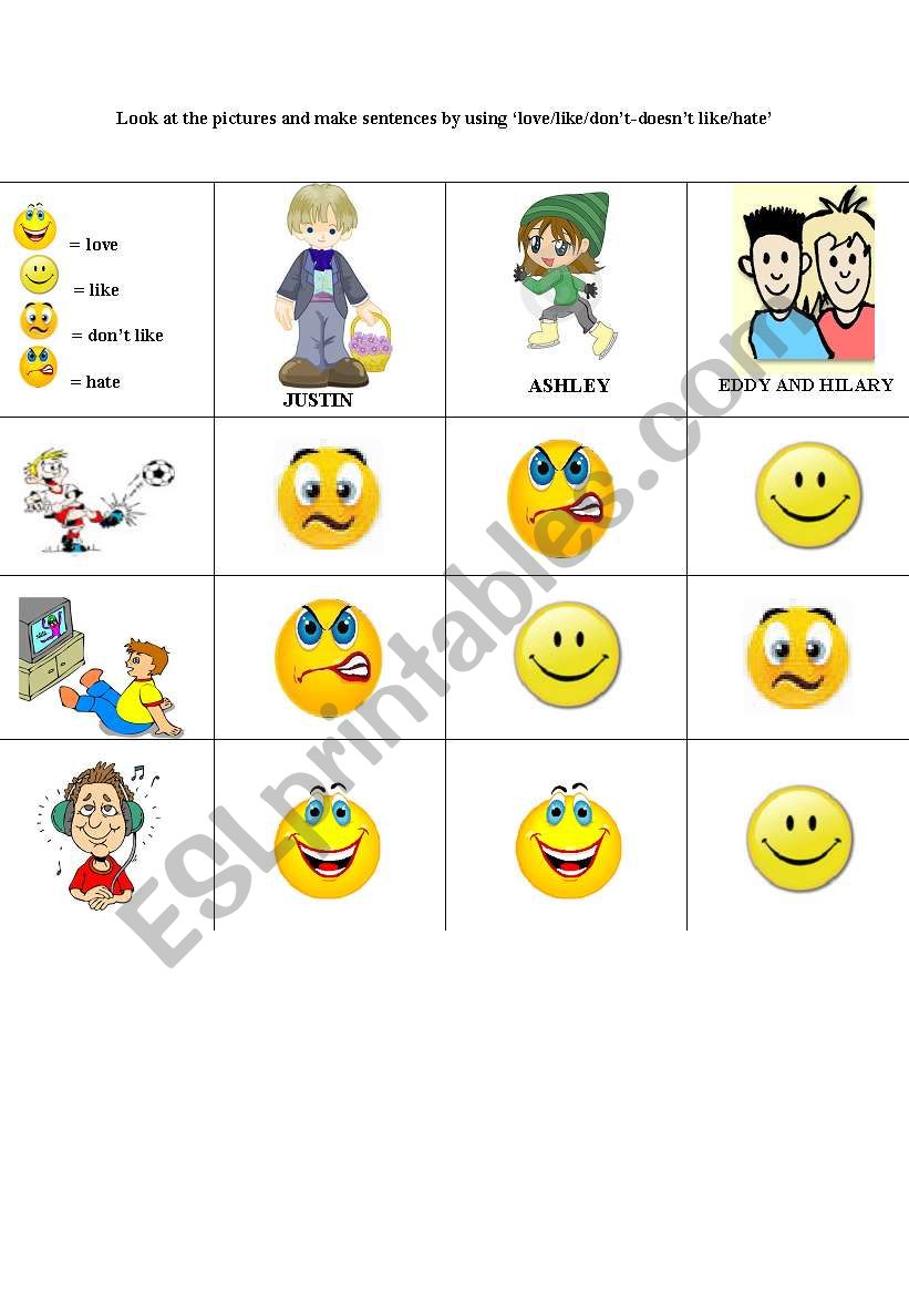 love/like/don´t-doesn´t like/hate+gerund - ESL worksheet by queen87