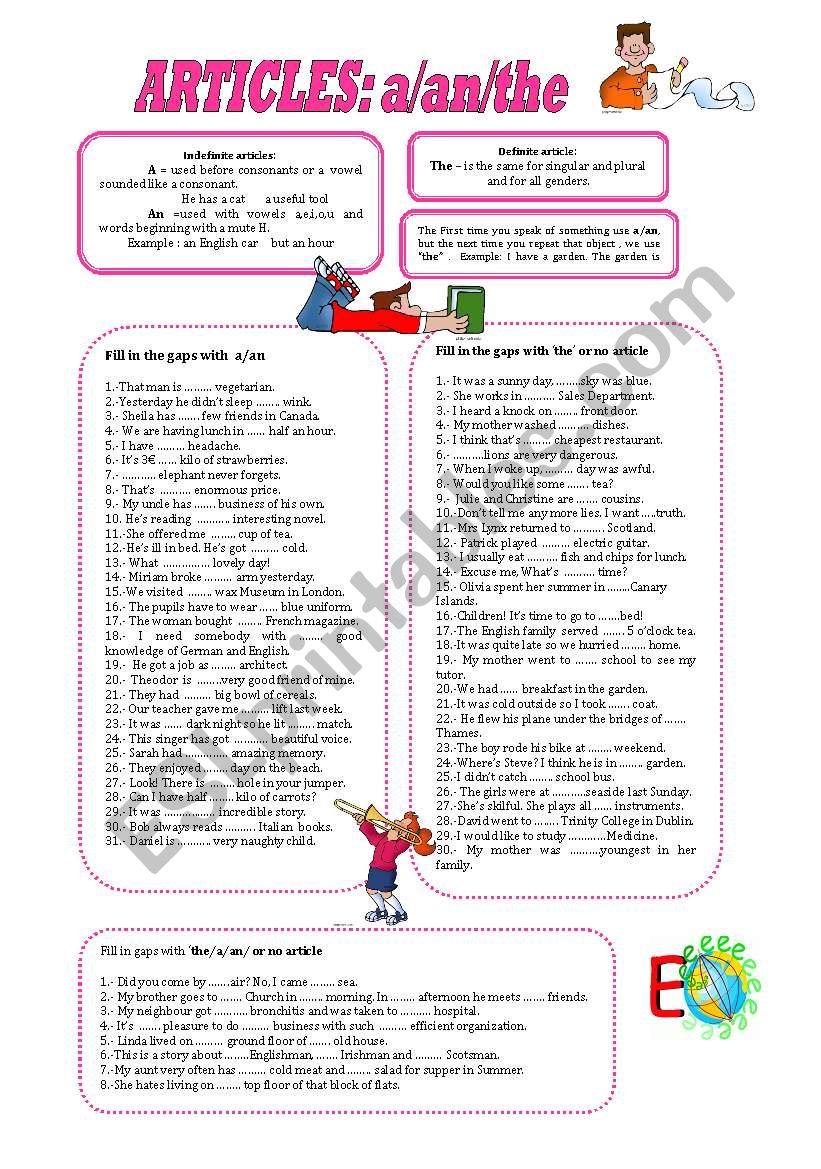 ARTICLES DEFINITE AND INDEFINITE ESL Worksheet By Mariaah