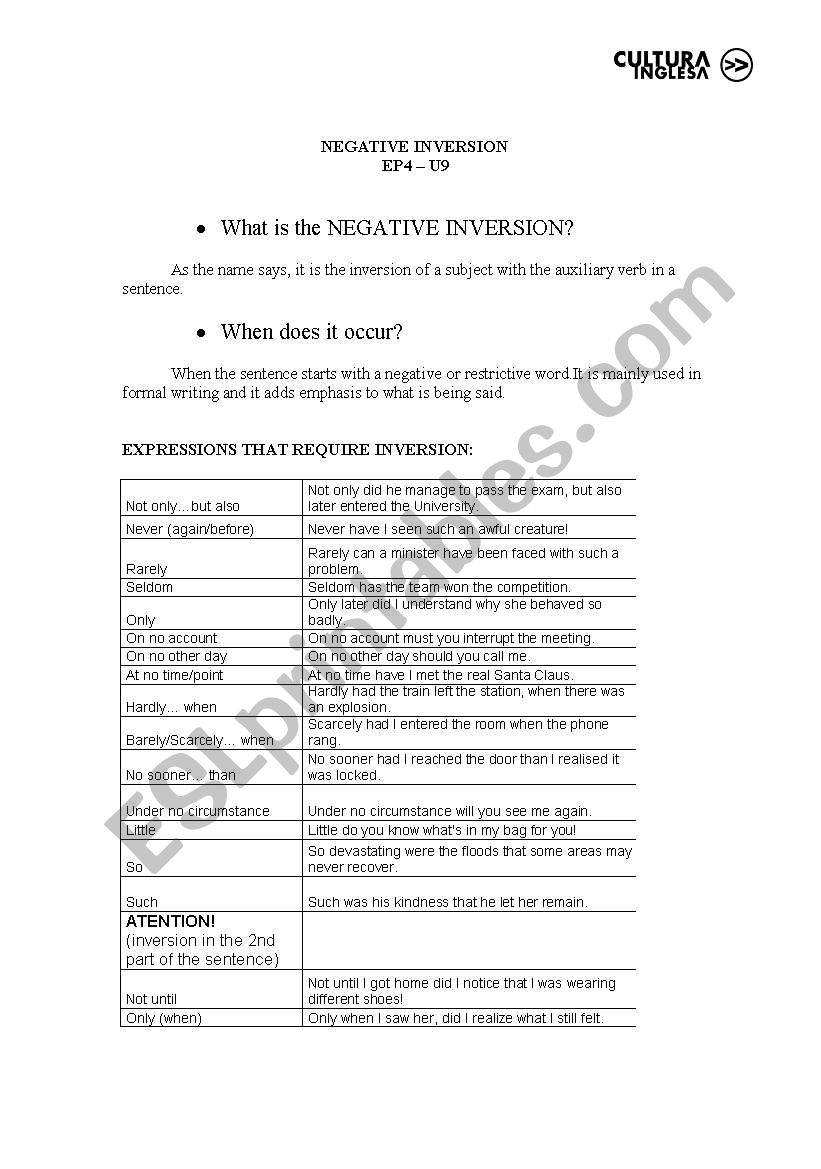 negative inversio worksheet