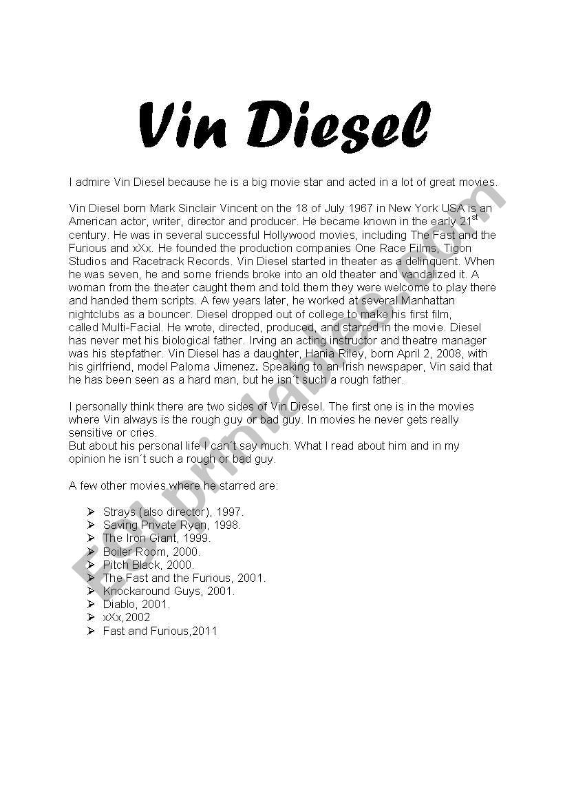 Vin Diesel worksheet